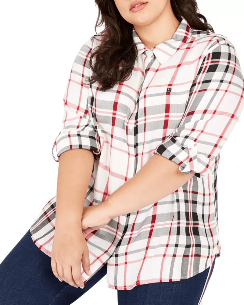Front of a model wearing a size 0X Tommy Hilfiger Women's Plus Size Plaid Button-Front Roll-Tab-Sleeve Top Red Size 0X in Red by Tommy Hilfiger. | dia_product_style_image_id:311516